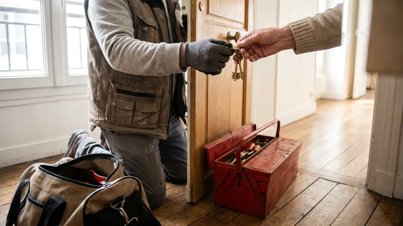 Remise de clés entre un serrurier et un habitant devant une porte d'appartement à Nanterre