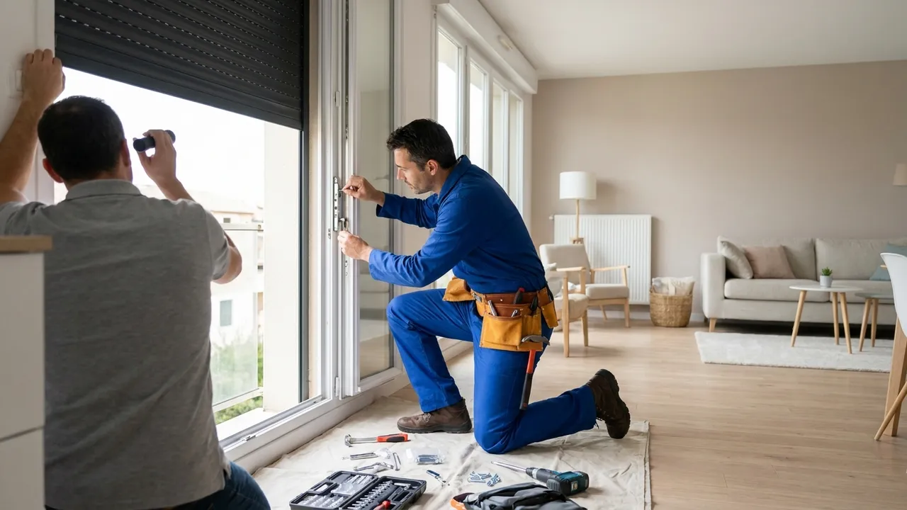 Serrurier installant un verrou de sécurité sur une porte-fenêtre d'un pavillon de Nanterre