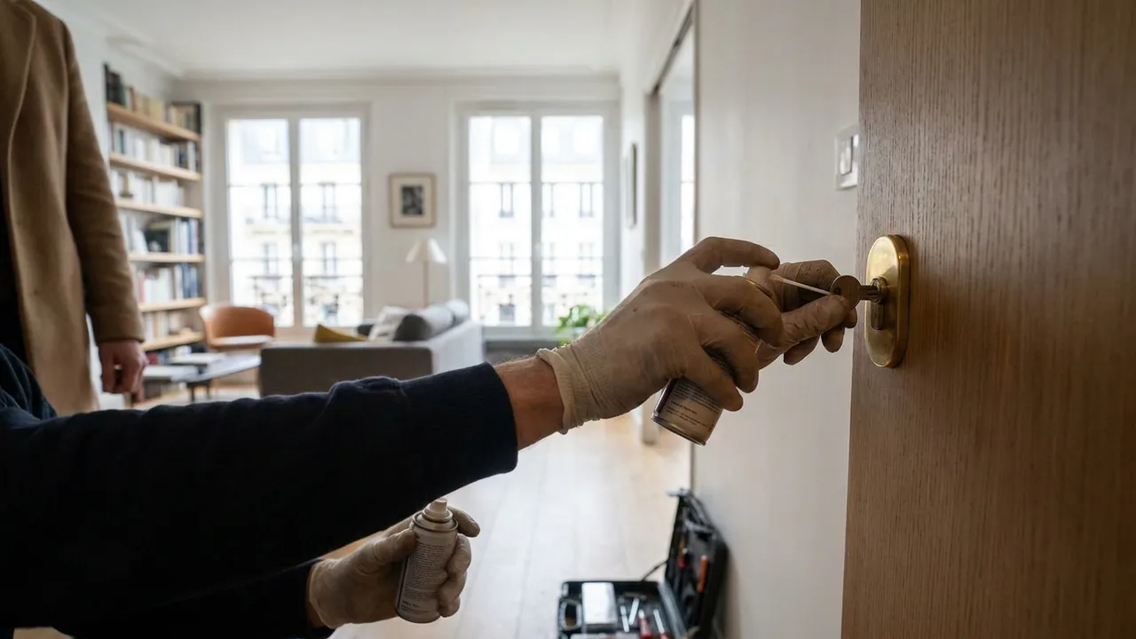 Serrurier testant la rotation d'une clé dans un cylindre grippé à Nanterre
