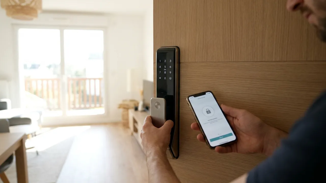 Serrure connectée avec clavier à code posée sur une porte d'appartement à Nanterre